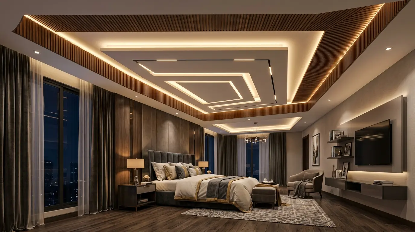 Elegant bedroom ceiling with recessed cove lighting, wooden slats, and geometric false ceiling details.