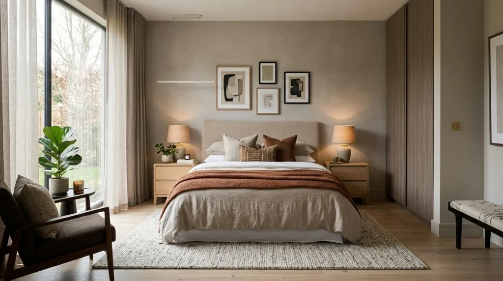 Balanced modern bedroom with earthy neutral tones, cozy lighting, and refined decor.