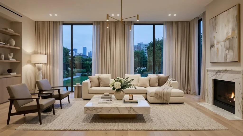 A luxurious modern living room with neutral tones, elegant furniture, marble accents, and soft ambient lighting.