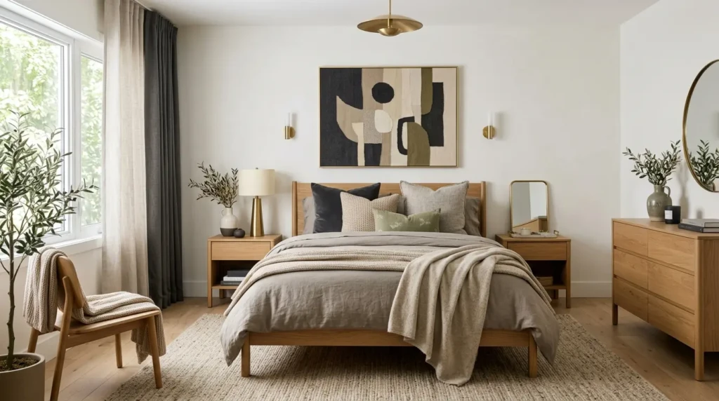 modern parents bedroom with warm white walls, oak wood furniture, greige bedding, and brass accents