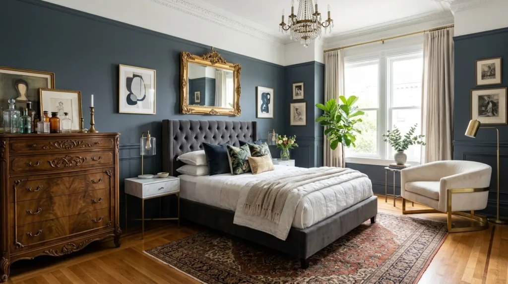 Bedroom combining antique walnut dresser, marble nightstands, and contemporary accent furniture.