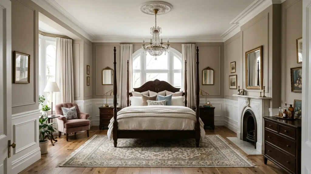 Wide shot of a finished modern Victorian bedroom with neutral palette, chandelier, molding, and layered bedding.