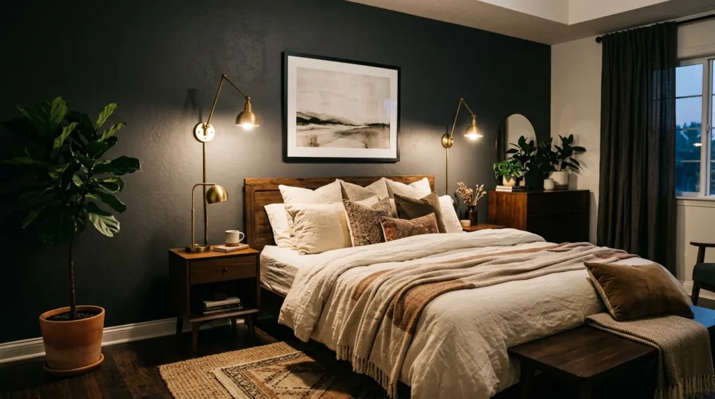 Dark charcoal accent wall with cream bedding, brass sconces, and dark wood furniture in a moody boho bedroom.