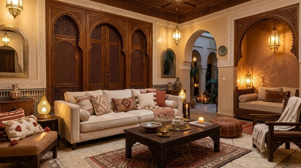 Elegant Moroccan living room with cream sofa, brass lanterns, arched walls, layered rugs, and warm luxury lighting