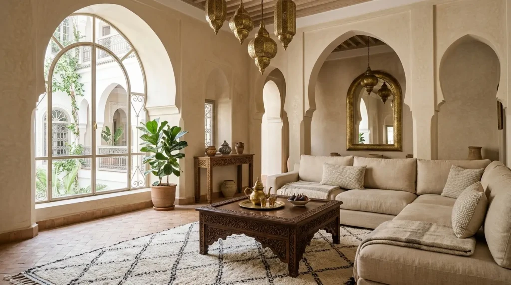 Elegant living room design with Moroccan arches, carved wood coffee table, curved mirror, and textured neutral walls