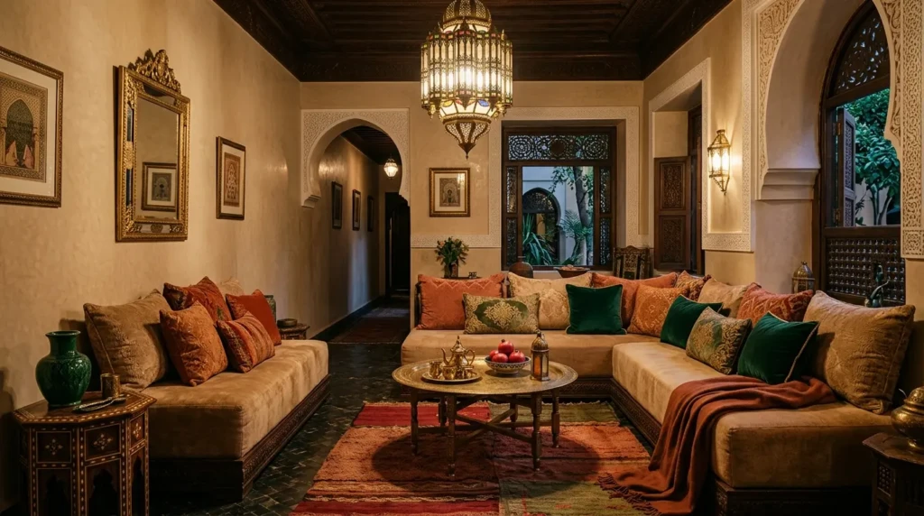 Moroccan-style living room decor colors with beige walls, terracotta cushions, emerald accents, and antique gold details