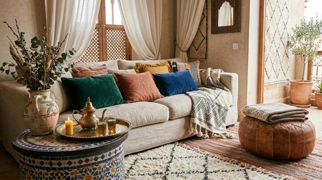 Living room decorations with velvet pillows, wool rugs, leather poufs, brass trays, and woven Moroccan textures