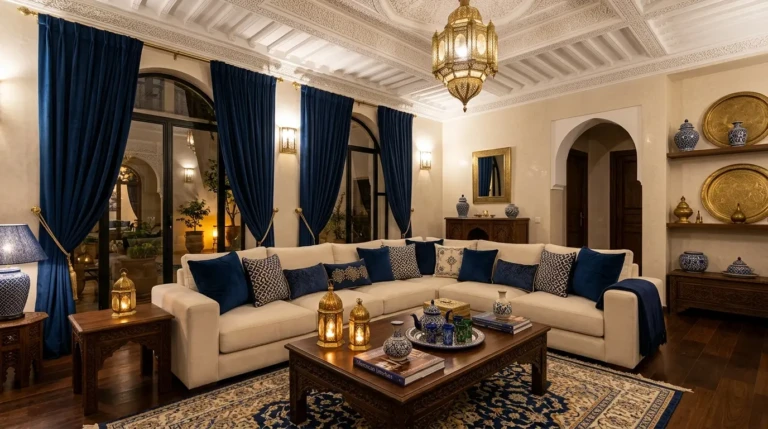 Navy blue living room decor with cream sofa, blue velvet curtains, brass lanterns, and Moroccan ceramic accessories