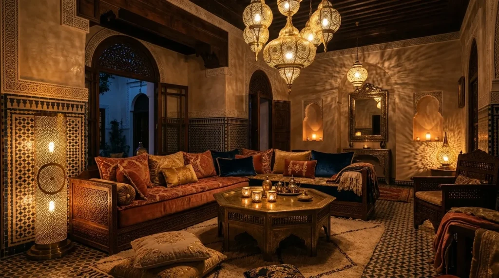 Moroccan living room with brass pendant lanterns, warm ambient glow, candle holders, and luxurious evening atmosphere