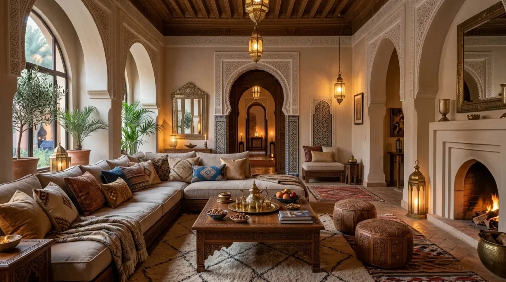 Timeless Moroccan living room with arches, layered textiles, brass lanterns, handcrafted furniture, and warm cozy lighting