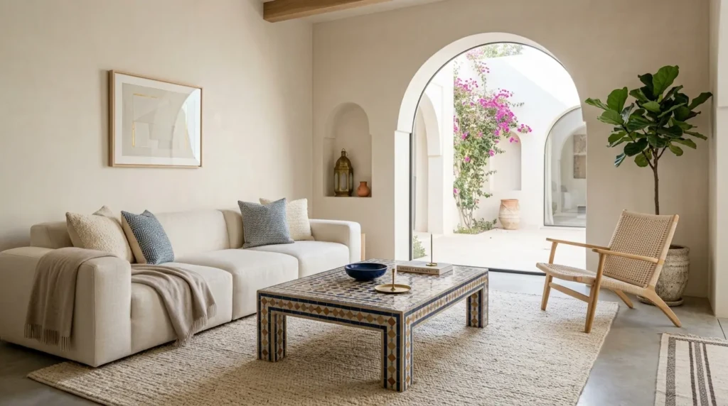 Elegant Moroccan living room with clean styling, mosaic coffee table, neutral sofa, and clutter-free luxury decor