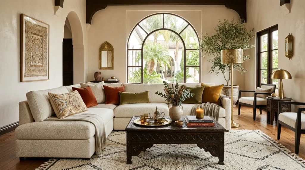 Sofas ideas living room luxury with cream boucle sofa, embroidered cushions, carved wood table, and brass accents