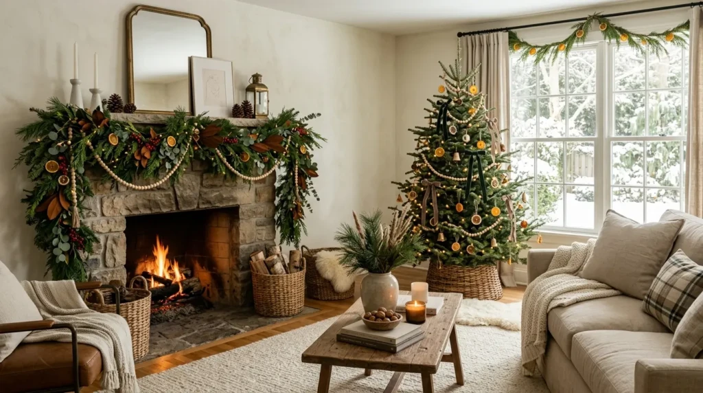 Christmas living room decor with pine branches, dried oranges, magnolia leaves, woven baskets, and natural festive textures.