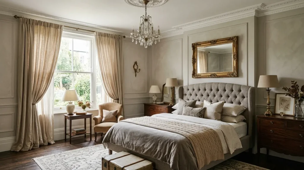 Elegant neutral bedroom with ivory bedding, taupe walls, linen curtains, and antique gold decor.