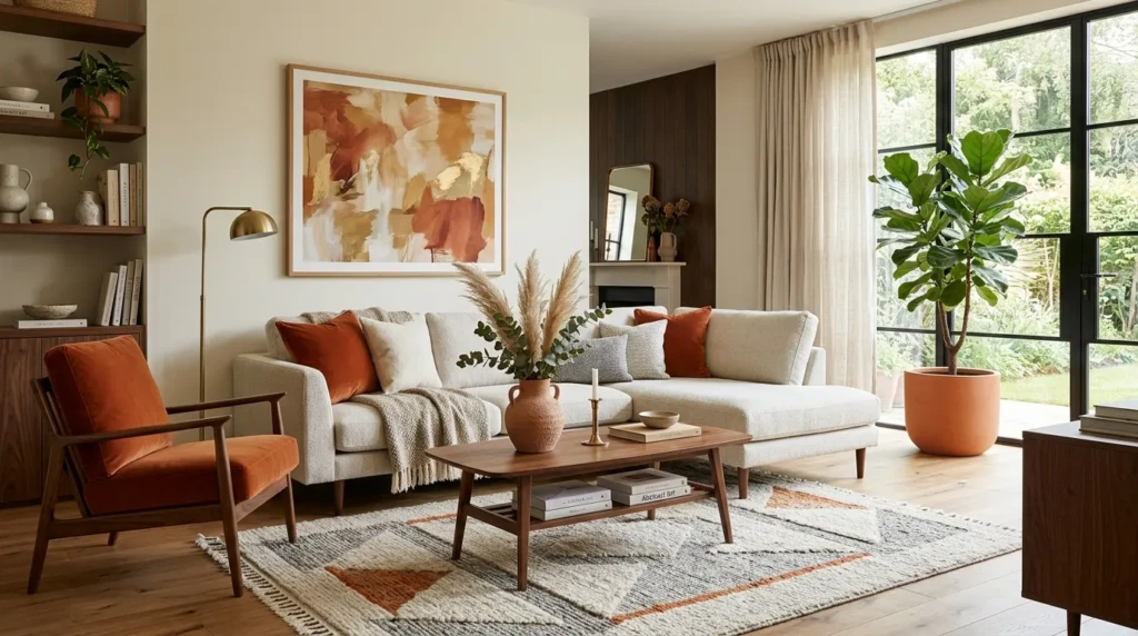 Stylish orange living room decor ideas with burnt orange pillows, terracotta vase, neutral sofa, and walnut furniture.