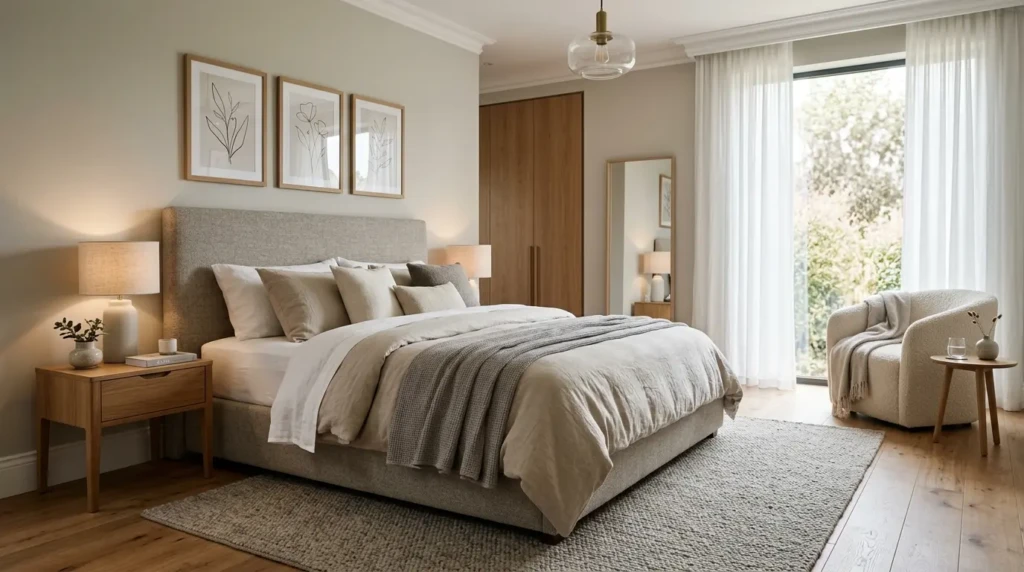 modern parents bedroom with neutral tones, upholstered bed, soft lighting, and elegant minimalist decor