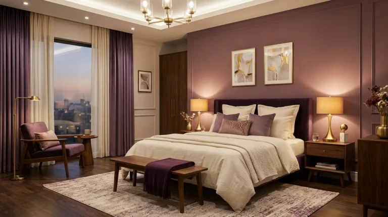 Dusty mauve bedroom wall with cream bedding, brass lamps, and walnut furniture.