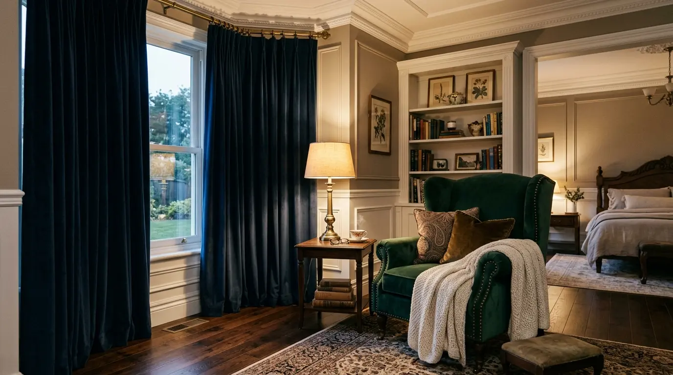 Upholstered chair, side table, velvet curtains, and warm lamp lighting in a peaceful bedroom corner.