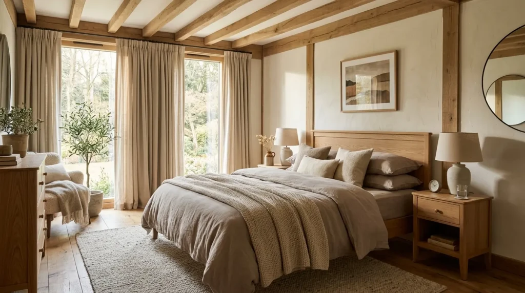 Rustic modern bedroom in cream, taupe, and beige tones with layered bedding and natural wood furniture.