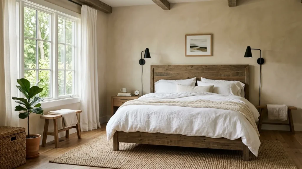 Rustic modern bedroom with reclaimed wood bed, white linen bedding, black sconces, and warm neutral decor.