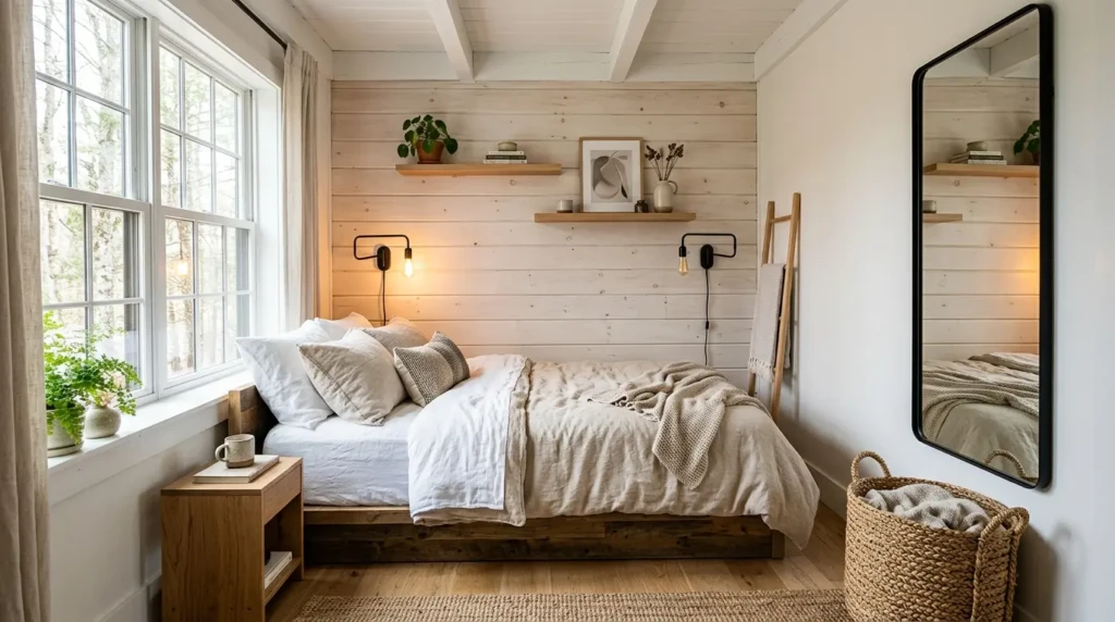 Small rustic modern bedroom with floating shelves, low bed, wall sconces, and bright airy decor.