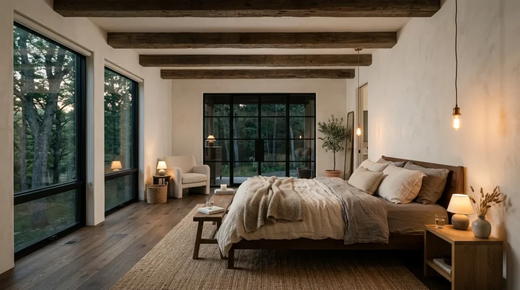 Wide rustic modern bedroom with wood beams, layered neutral textiles, warm lighting, and minimalist furniture.