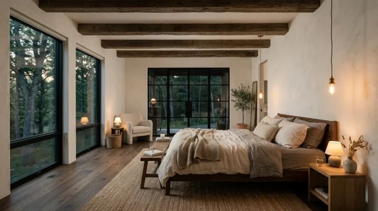 Wide rustic modern bedroom with wood beams, layered neutral textiles, warm lighting, and minimalist furniture.