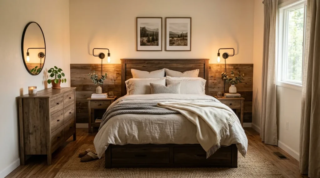 Small symmetrical bedroom for couples with matching nightstands, warm lighting, and storage bed.