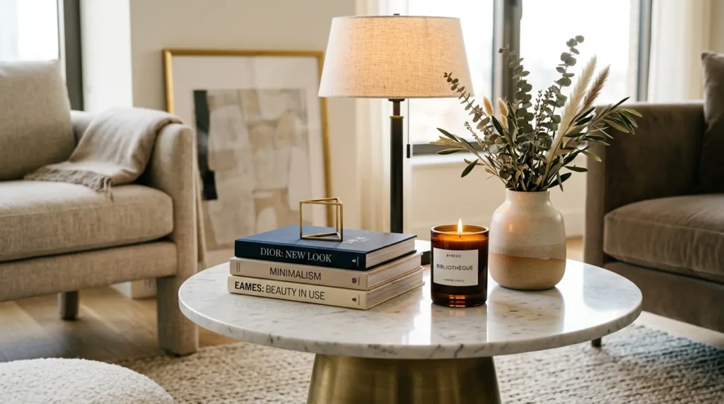 Marble side table decor in a living room with a lamp, books, candle, and ceramic vase in elegant styling.