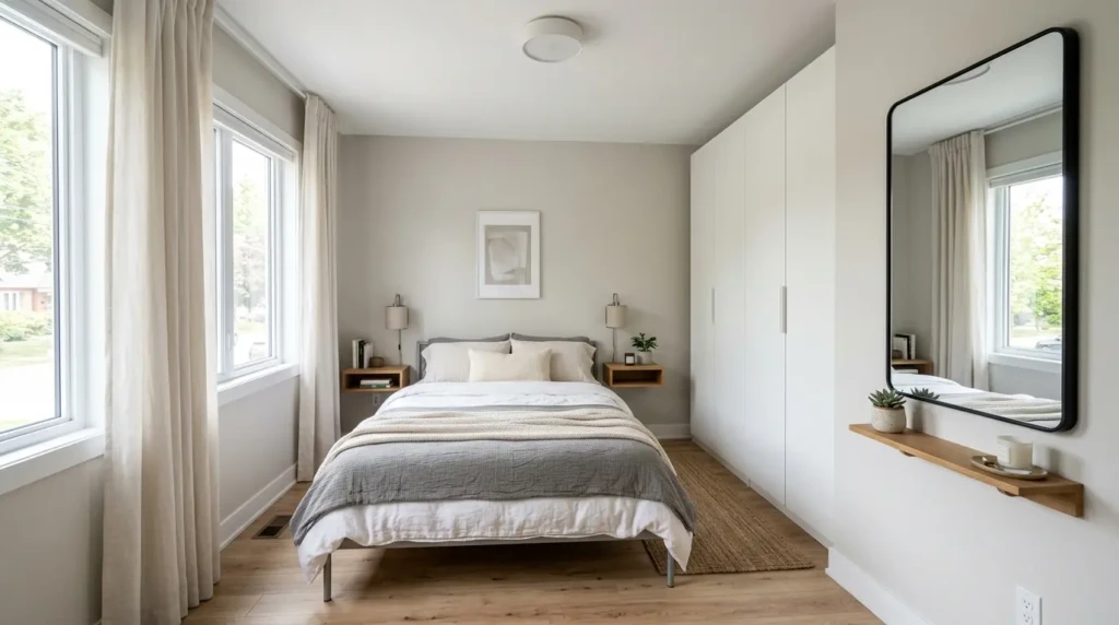 small modern parents bedroom with floating nightstands, mirror, slim furniture, and bright neutral colors