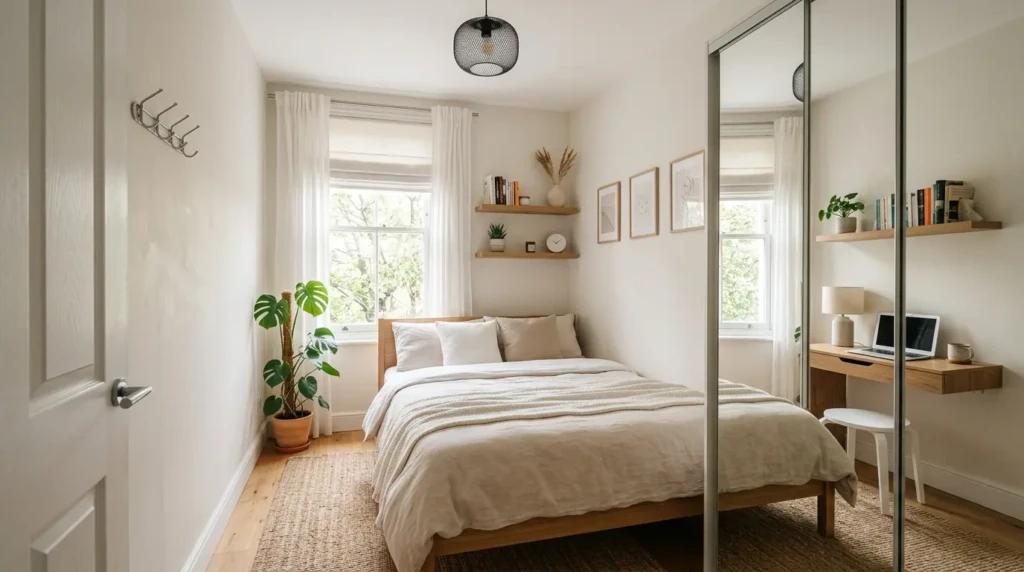 Small modern bedroom with soft white walls, compact furniture, mirrored wardrobe, and bright airy styling.