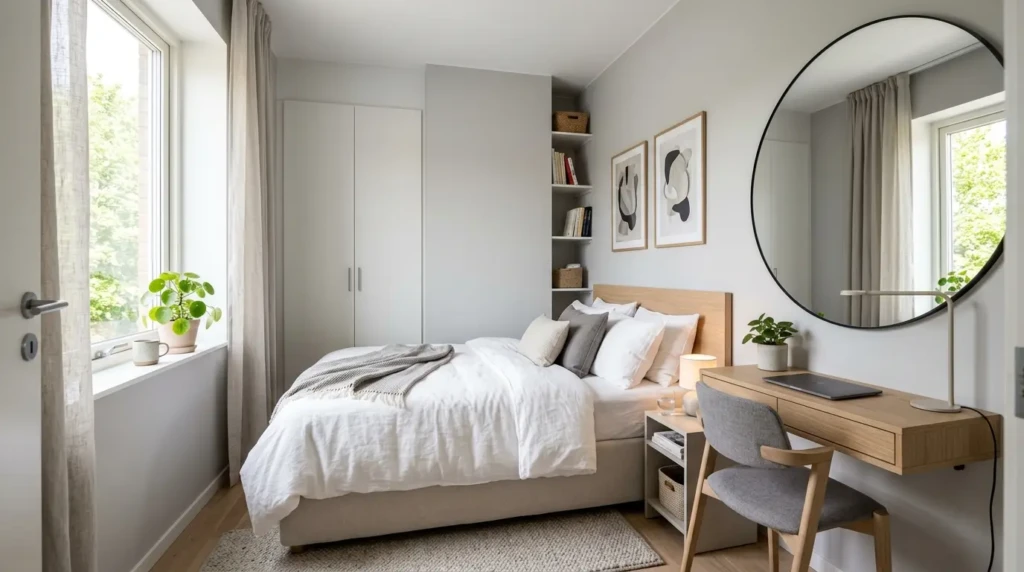 Cozy small guest bedroom in soft beige tones with minimal modern decor.