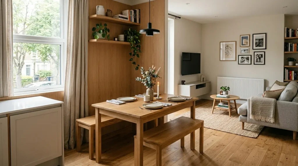 small living room dining area with bench seating tucked under table to save space