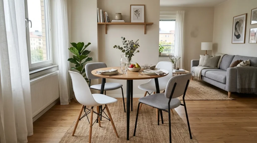 small living room with small round dining table suitable for limited space