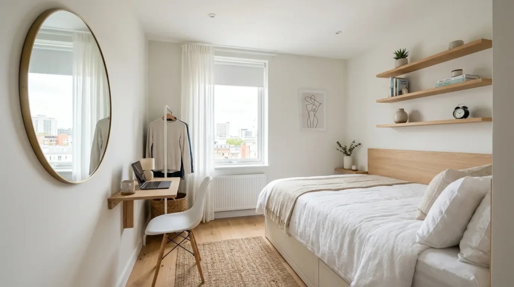 small modern guest bedroom with compact furniture, mirror and light colors