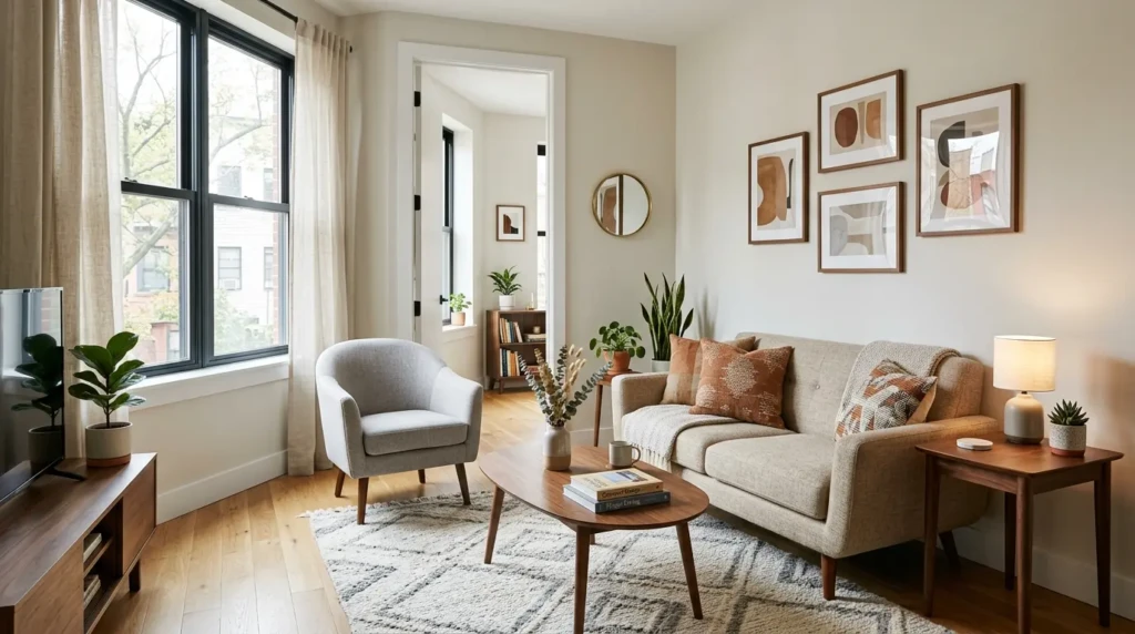 small living room with perfectly sized furniture that fits the space proportionally