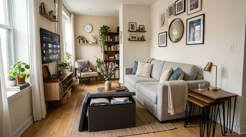 small living room with storage ottoman sofa bed and nesting tables for space saving