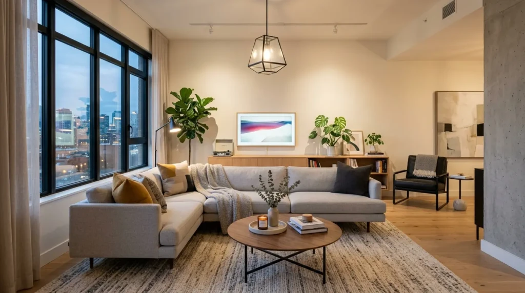 small living room with sofa placed away from walls creating a modern layout