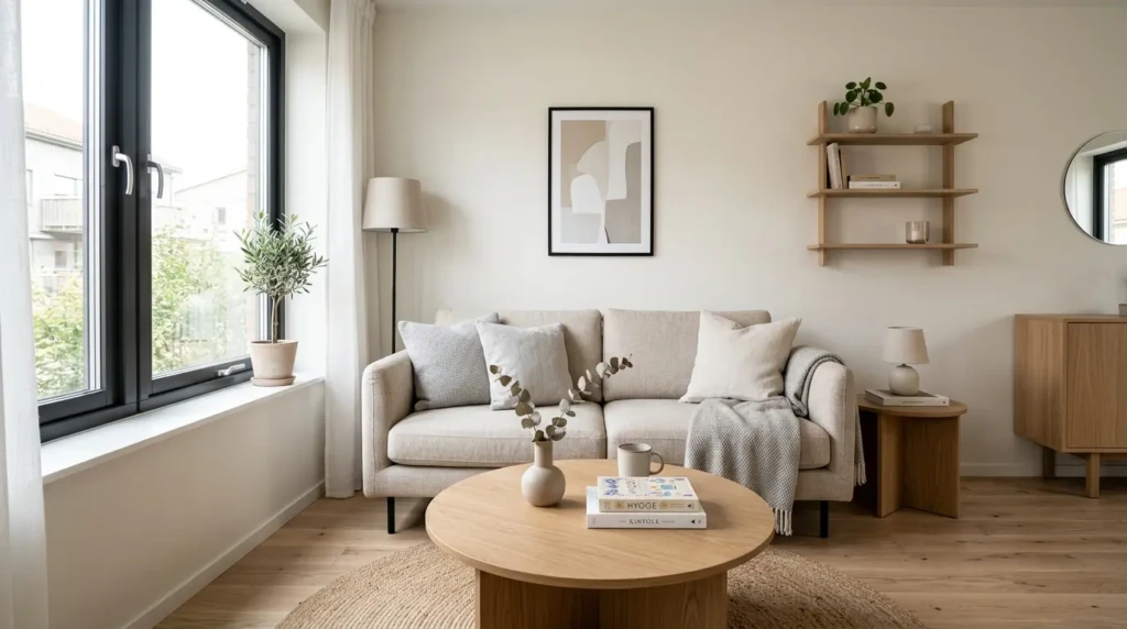 modern small living room decor with neutral tones and compact furniture in a stylish apartment