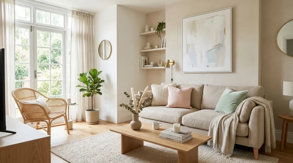 small living room with soft neutral tones white beige and pastel accents creating a spacious modern look