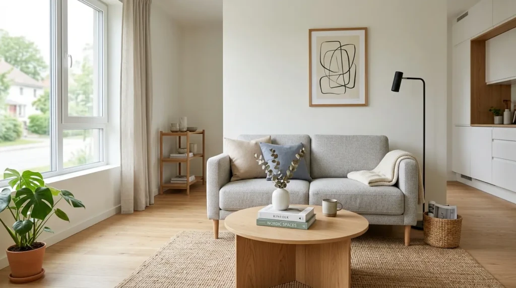 clean and minimal small living room decor with compact sofa neutral colors and clutter free modern layout