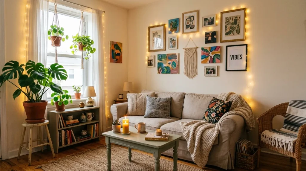 Small living room decor on a budget using DIY wall art, plants, and decorative lights