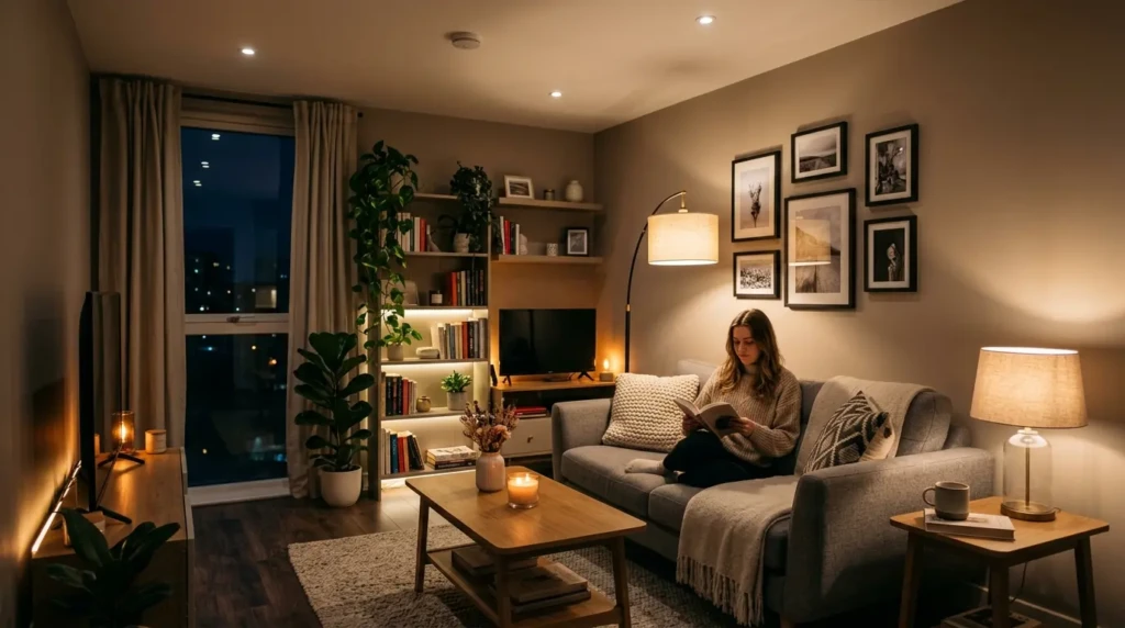 Small living room decor with layered lighting including lamps and ambient lights