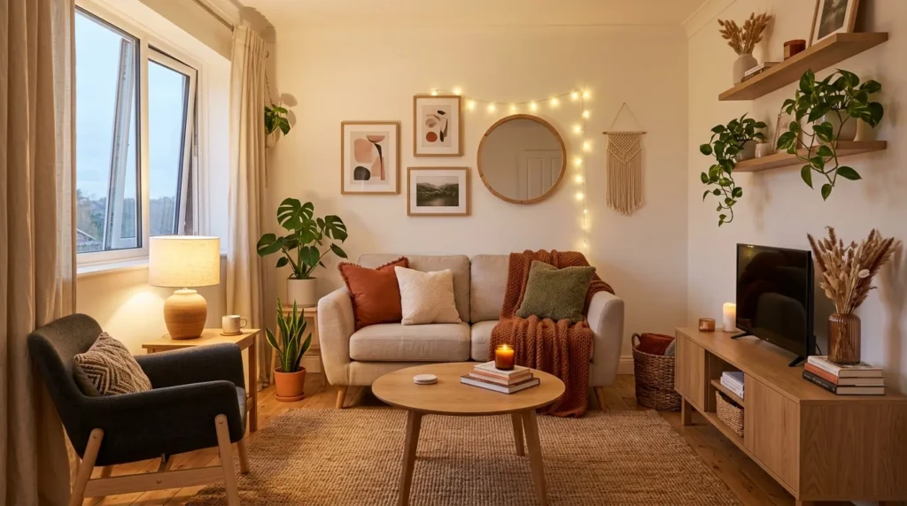 Small living room decor on a budget with balanced design, cozy feel, and modern styling
