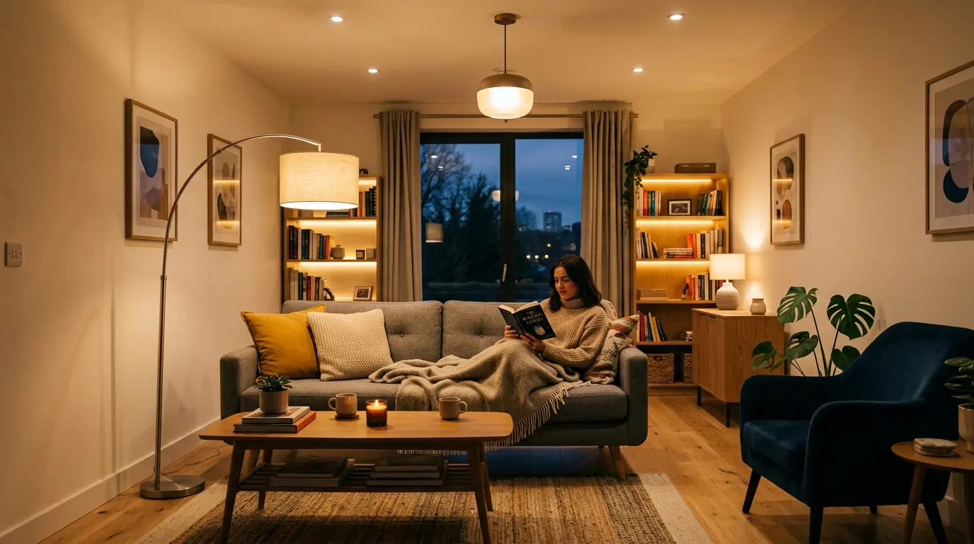 Small living room decor with layered lighting including lamps and ambient lights