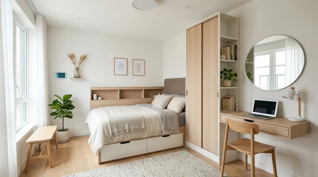 Small bedroom with light colours and minimal furniture making space look larger