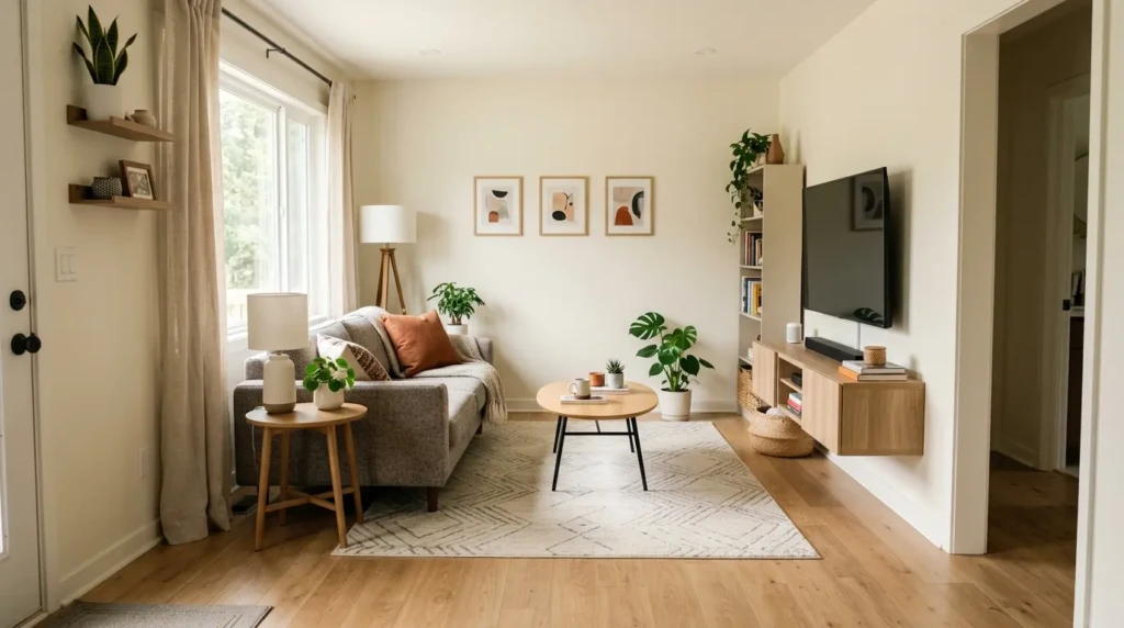 small living room furniture layout with sofa coffee table and clear walking space