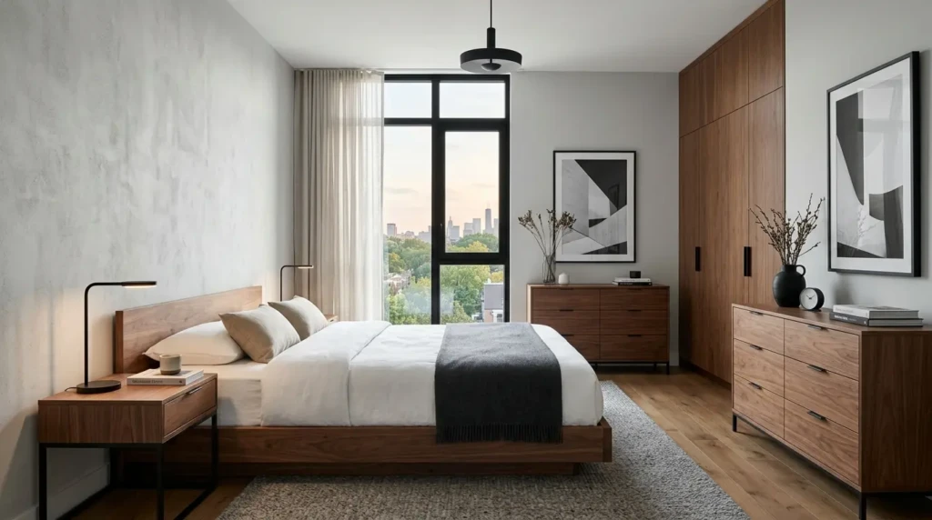Low platform bed with sleek bedside tables, hidden storage, and modern walnut furniture in a clutter-free bedroom.