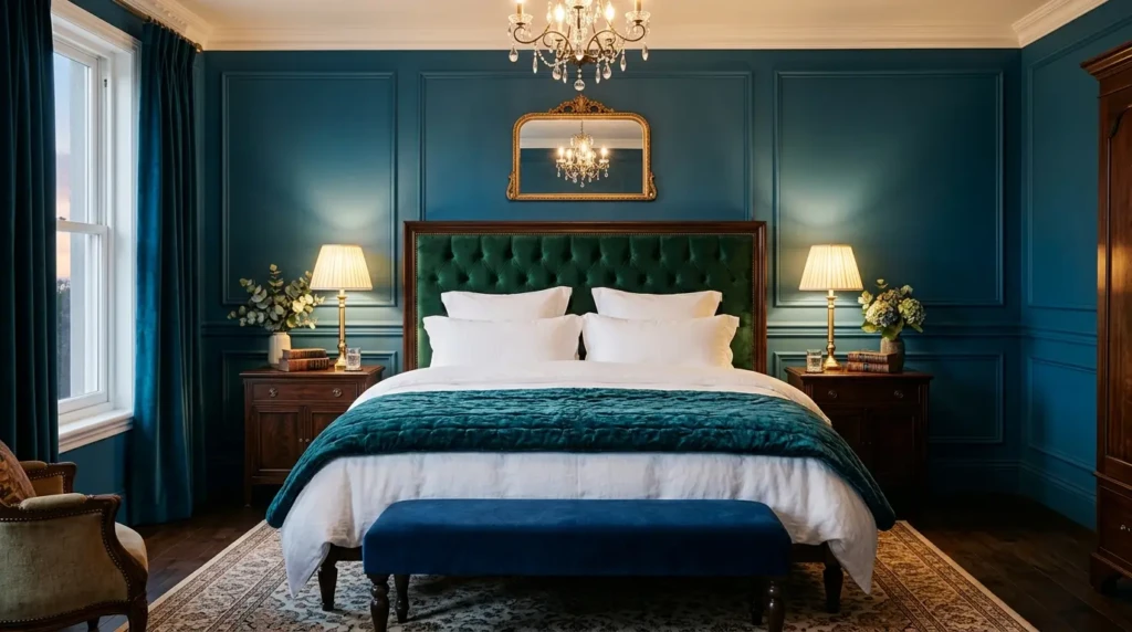 Tall tufted velvet headboard with layered white bedding and bench in a modern Victorian bedroom.