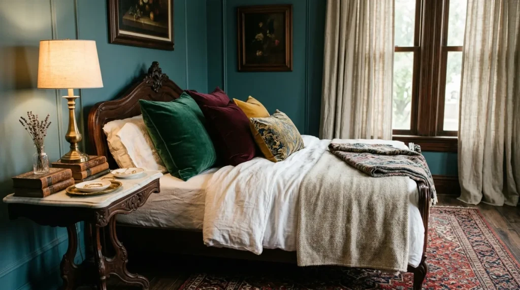 Velvet cushions, marble table, carved wood furniture, Persian rug, and linen drapes in a bedroom.